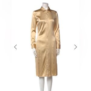 Bottega Veneta Gold Long Sleeve Satin Midi Dress